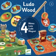 Djeco Ludo Wood Négy pajti 4 az 1-ben társasjáték doboza színes fa figurákkal