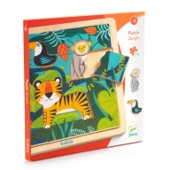 Djeco Puzzlo Jungle 12+3 darabos fa dzsungel puzzle színes doboza és a kész kirakó