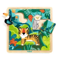 Djeco Puzzlo Jungle 12+3 darabos fa dzsungel puzzle színes doboza és a kész kirakó