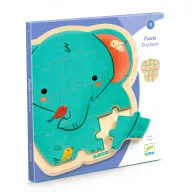 Djeco Puzzlo Elephant 14 darabos fa puzzle kék dobozban, zöld elefántos mintával