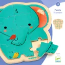 Djeco Elefántos keretes fa puzzle részben kirakva egy darabbal a keret mellett