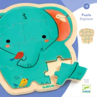 Djeco Puzzlo Elephant 14 darabos fa puzzle kék dobozban, zöld elefántos mintával