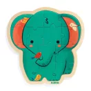 Djeco Puzzlo Elephant teljesen kirakott 14 darabos fa puzzle zöld elefánttal és színes madarakkal
