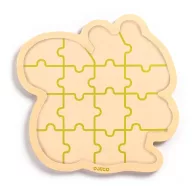 Djeco Puzzlo Nut 16 darabos mókusos keretes fa puzzle doboza és egy kiálló darabja