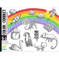 Djeco Color Connect kártyajáték doboza szivárvány mintával és fekete-fehér rajzolt figurákkal