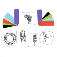 Djeco Color Connect kártyajáték doboza szivárvány mintával és fekete-fehér rajzolt figurákkal