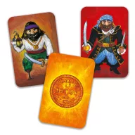 Djeco Piratatak kalózos kártyajáték doboza kék háttérrel és kalóz figurával