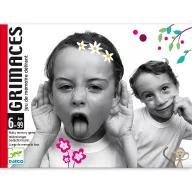 Djeco Most grimaszolj Grimaces kártyajáték piros szegélyű doboza grimaszoló kislány és kisfiú képével