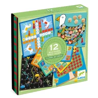 Djeco Classic Box 12 az 1-ben klasszikus társasjáték készlet zöld dobozban állatos grafikákkal
