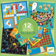 Djeco Classic Box 12 az 1-ben klasszikus társasjáték készlet zöld dobozban állatos grafikákkal