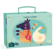 Djeco Ludo and Co. Junior kétoldalas társasjáték készlet mentazöld hordozható bőröndös doboza