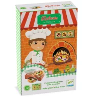 Djeco Robertó pizzázója szerepjáték dobozban, színes pizza feltétekkel