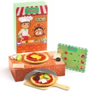 Djeco Robertó pizzázója szerepjáték dobozban, színes pizza feltétekkel