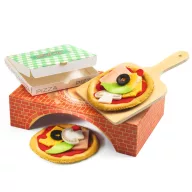 Djeco Robertó pizzázója szerepjáték dobozban, színes pizza feltétekkel