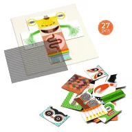 Djeco Kinoptik RigoloMonster 27 darabos optikai mágneses puzzle doboza és főkép illusztrációja