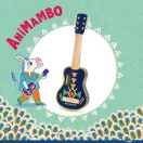 Djeco Animambo kék színű, színes mintás fa játék gitár hat fémhúrral