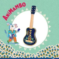 Djeco Animambo kék színű, színes mintás fa játék gitár hat fémhúrral