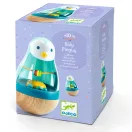 Djeco Roly Pingui keljfeljancsi pingvin bébicsörgő az eredeti lila mintás csomagolásában
