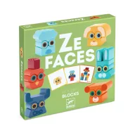 Djeco Ze Faces Arc-balansz fa építőjáték zöld színű doboza mókás fa arcokkal és feladatkártyákkal