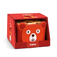 Djeco SoftiShape mackó formájú filc és fa formaberakó doboz a piros csomagolásában