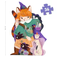 Djeco Pio a kis varázsló 36 darabos óriás puzzle illusztrált tárolódoboza lila varázslókalapos rókafigurával