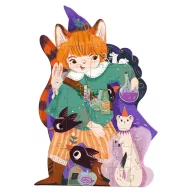 Djeco Pio a kis varázsló 36 darabos óriás puzzle illusztrált tárolódoboza lila varázslókalapos rókafigurával