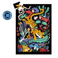 Djeco Tigrisugrás 3D varázs puzzle 50 darabos doboza a kék oldalsávval és a 3D szemüveg képével.