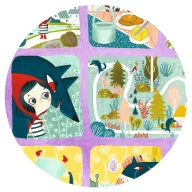 Djeco Piroska és a farkas 35 darabos mese puzzle doboza kék háttérrel