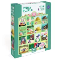 Djeco A három kismalac 35 darabos mese puzzle zöld színű doboza a történet jeleneteivel