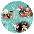 Djeco Pinokkió 54 darabos mese puzzle doboza és illusztrált jelenetei