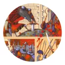 Közeli részlet a Djeco Artúr király mese puzzle lovagokat ábrázoló jeleneteiből