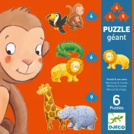 Djeco Marmoset és barátai óriás puzzle narancssárga doboza vadállatos mintákkal