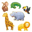 Hat darab kirakott Djeco vadállatos óriás puzzle figura fehér háttér előtt