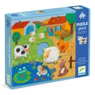Djeco tanyasi állatsimogató óriás puzzle kék díszdobozban, bemutatva a simogatható bárány figurát