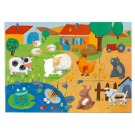 Djeco tanyasi állatsimogató óriás puzzle kék díszdobozban, bemutatva a simogatható bárány figurát