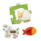 Djeco tanyasi állatsimogató óriás puzzle 12+8 darabos szenzoros kirakó kék dobozban