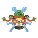 Összerakott egyszemű zöld szörnyfigura kék lábakkal a Djeco SzörnyElek puzzle készletből