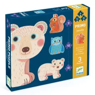 Djeco Az erdőben progresszív Primo puzzle kék színű doboza a három kirakható állatfigurával