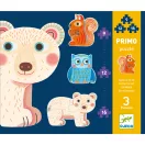 Djeco Az erdőben 3 darabos Primo puzzle készlet csomagolása mókus, bagoly és medve illusztrációval
