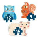 Djeco Az erdőben progresszív Primo puzzle doboza maci, mókus és bagoly mintával