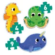 Djeco Primo puzzle A tengerben 4-6-9 darabos készlet tengeri állatos grafikával