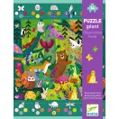 A Djeco erdős megfigyelő puzzle dobozának elölnézete lila sávval és zöld háttérrel