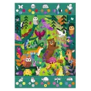 A kirakott 54 darabos Djeco erdei puzzle a megfigyelősávval és színes állatokkal