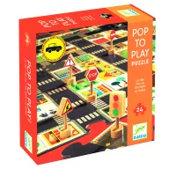 Djeco A város óriás puzzle színes, piros doboza a fa jelzőtáblákkal és a 24 darabos felirattal