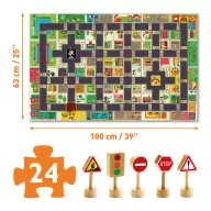 Djeco A város óriás puzzle színes, piros doboza a fa jelzőtáblákkal és a 24 darabos felirattal
