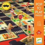Djeco A város óriás puzzle színes, piros doboza a fa jelzőtáblákkal és a 24 darabos felirattal