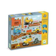 Djeco Építkezés óriás puzzle 12+5 darabos doboza kék színben, állatos munkagépekkel