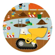 Djeco Építkezés óriás puzzle 12+5 darabos doboza kék színben, állatos munkagépekkel