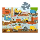 Összerakott Djeco Építkezés óriás puzzle a ráhelyezhető 5 darab mozgó járművel