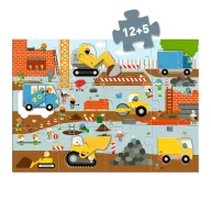 Djeco Építkezés óriás puzzle 12+5 darabos doboza kék színben, állatos munkagépekkel